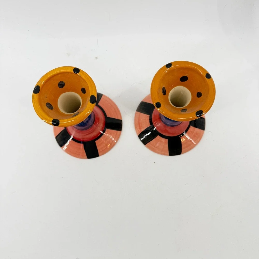 Vicki Carroll Candle Holders Pair OS Multicolor Hand Painted Studio Pottery 1997